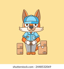 Cute fox courier package delivery animal chibi character mascot icon flat line art style illustration concept set