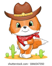 Cute fox in cowboy hat and red scarf. Vector illustration isolated on white.