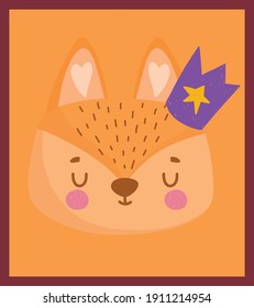 cute fox with crown head cartoon character yellow background vector illustration