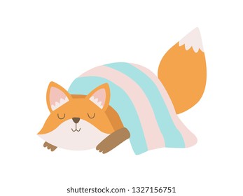 Cute Fox Cub Animal Sleeping Under Blanket Vector Illustration