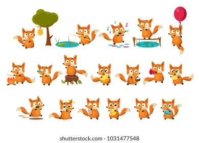 Cute fox cub character doing different activities set, funny forest animal in different situations vector Illustrations on a white background