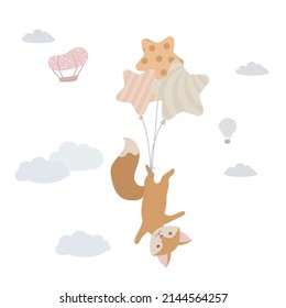 A cute Fox cub is flying in balloons. Red fox among the clouds. Balloons and airship. Children's illustration, Cute print, vector. Isolated on a white background.
