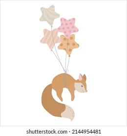 A cute Fox cub is flying in balloons. Red fox among the clouds. Balloons and airship. Children's illustration, Cute print, vector. Isolated on a white background.