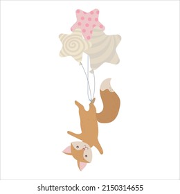 A cute Fox cub is flying in balloons. Red fox among the clouds. Balloons and airship. Children's illustration, Cute print, vector. Isolated on a white background.