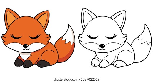 Cute Fox Cub Sleeping Cartoon Isolated Coloring Book For Kids Printable Outline Vector