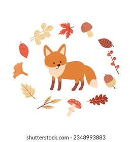 Cute fox cub surrounded by twig leaves. Kids vector illustration for print and design