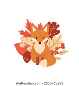 Cute fox cub surrounded by twig leaves. Kids vector illustration for print and design