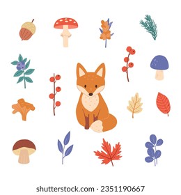 Cute fox cub with twig leaves. Collection kids vector illustration for design. Autumn clip art.