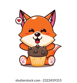 cute fox with cup cake cartoon vector illustration.