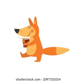 Cute Fox With Cup Of Coffee Or Chocolate. Hot Drink Take Away. Happy Cartoon Wild Animal Is Walking, Funny Little Fox Has A Break. Hand Drawn Character, Flat Vector Illustration Isolated On White