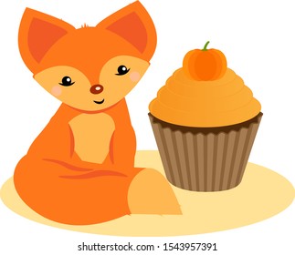 Cute fox and cupcake with pumpkin. Fox flat style.
