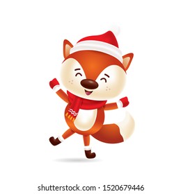 Cute fox dancing with red cap and red scarf with isolated background