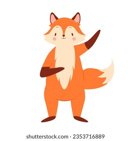 Cute fox dancing. Standing foxy forest animal, childish fox with hands up vector illustration