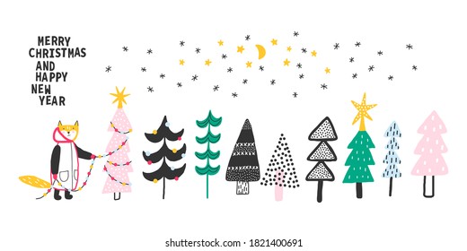 El zorro lindo decora el árbol de Navidad. Juego de primos festivos. Bosque de invierno. Ilustración vectorial.