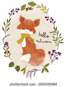 Cute fox, deer animal nursery illustration for children.  Watercolor boho forest illustration, watercolor, autumn flowers.