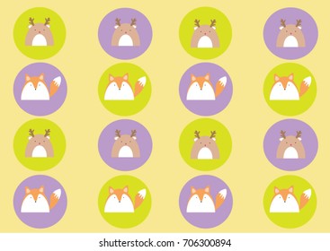 Cute fox and deer icon on yellow background, vector