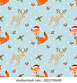 Cute fox and deer in winter seamless pattern.