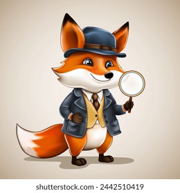 cute fox detective in hat and coat with a magnifying glass. funny animal in search. vector cartoon character illustration.