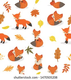 Cute fox different poses leaves pattern