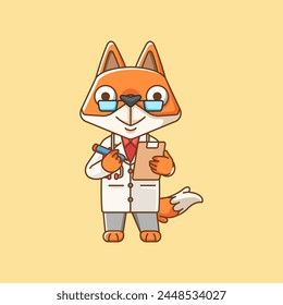 Cute fox doctor medical personnel chibi character mascot icon flat line art style illustration concept cartoon set