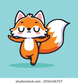 Cute fox doing yoga. Kawaii Illustration.