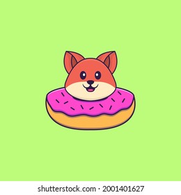 Rute Fuchs mit einem Donut am Hals. Konzept der Tierkarikatur einzeln. Kann für T-Shirt, Grußkarte, Einladungskarte oder Maskottchen verwendet werden.