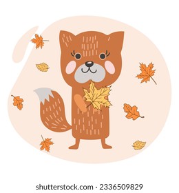 Cute fox in doodle style with autumn leaves. Print, children's illustration, vector	
