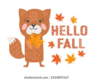 Cute fox in doodle style with autumn leaves and text Hello fall. Print, children's illustration, vector	
