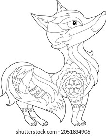 Cute fox. Doodle style, black and white background. Funny animal, coloring book pages. Hand drawn illustration in zentangle style for children and adults, tattoo.
