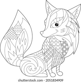 Cute fox. Doodle style, black and white background. Funny animal, coloring book pages. Hand drawn illustration in zentangle style for children and adults, tattoo.