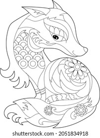 Cute fox. Doodle style, black and white background. Funny animal, coloring book pages. Hand drawn illustration in zentangle style for children and adults, tattoo.