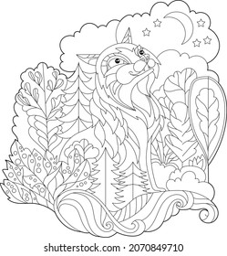 Cute fox. Doodle style, black and white background. Funny animal, coloring book pages. Hand drawn illustration in zentangle style for children and adults, tattoo.