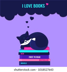 Cute fox dreaming on the booksa and cloud. I love books concept. Vector illustration