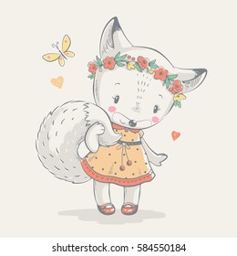 Cute fox in dress cartoon hand drawn vector illustration. Can be used for t-shirt print, kids wear fashion design, baby shower invitation card.