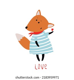 Cute Fox In Dress With Heart, Vector Valentines Clipart With Cartoon Character