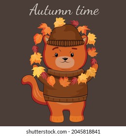 A cute fox dressed in warm clothes plays with leaves. Autumn. Leaf fall. Illustration. Vector. Stoke. Sweater. Cap. Animal. Pet. Zoo. Gray background. Cartoon. Flat style. Cute poster. Froze. Rain.