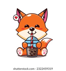 cute fox drink boba milk tea cartoon vector illustration.