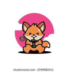 Cute fox drink coffee cartoon