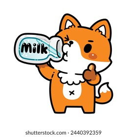 Cute Fox Drink Milk Cartoon Vector Illustration. Flat Cartoon Style