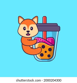 Cute fox Drinking Boba milk tea. Animal cartoon concept isolated. Can used for t-shirt, greeting card, invitation card or mascot.