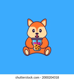 Cute fox Drinking Boba milk tea. Animal cartoon concept isolated. Can used for t-shirt, greeting card, invitation card or mascot.