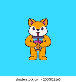 Cute fox Drinking Boba milk tea. Animal cartoon concept isolated. Can used for t-shirt, greeting card, invitation card or mascot.