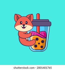 Cute fox Drinking Boba milk tea. Animal cartoon concept isolated. Can used for t-shirt, greeting card, invitation card or mascot.