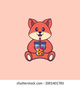 Cute fox Drinking Boba milk tea. Animal cartoon concept isolated. Can used for t-shirt, greeting card, invitation card or mascot.