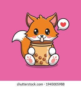cute fox drinking bubble tea