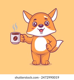 Cute fox drinking coffee cartoon icon illustration. Animal drink icon concept isolated flat cartoon style