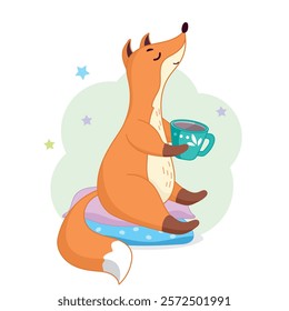 cute fox drinking tea on soft pillows, cozy, fox resting, harmony, tea party, funny character