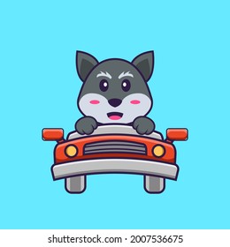 Cute fox is driving. Animal cartoon concept isolated. Can used for t-shirt, greeting card, invitation card or mascot.