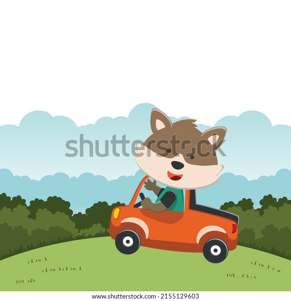 cute fox\
driving a car go to forest funny animal cartoon. Creative vector\
childish background for fabric, textile, nursery wallpaper, poster,\
card, brochure. and other\
decoration.