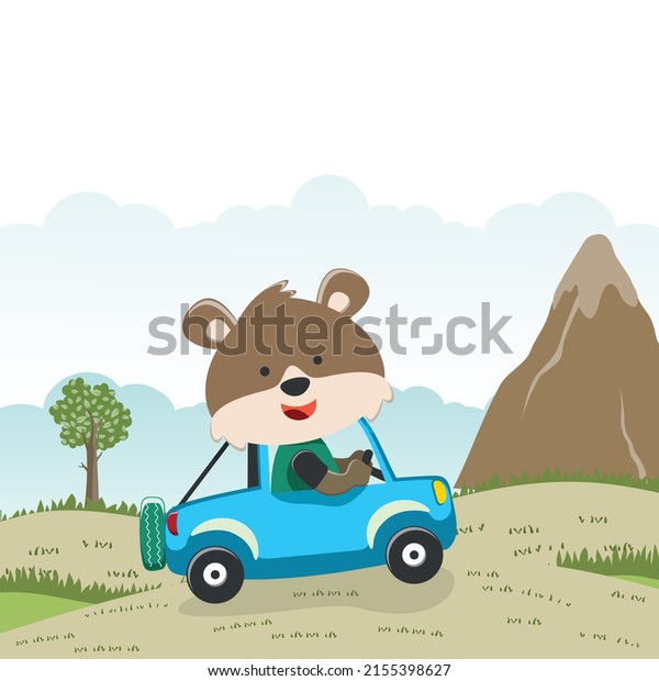cute fox\
driving a car go to forest funny animal cartoon. Creative vector\
childish background for fabric, textile, nursery wallpaper, poster,\
card, brochure. and other\
decoration.
